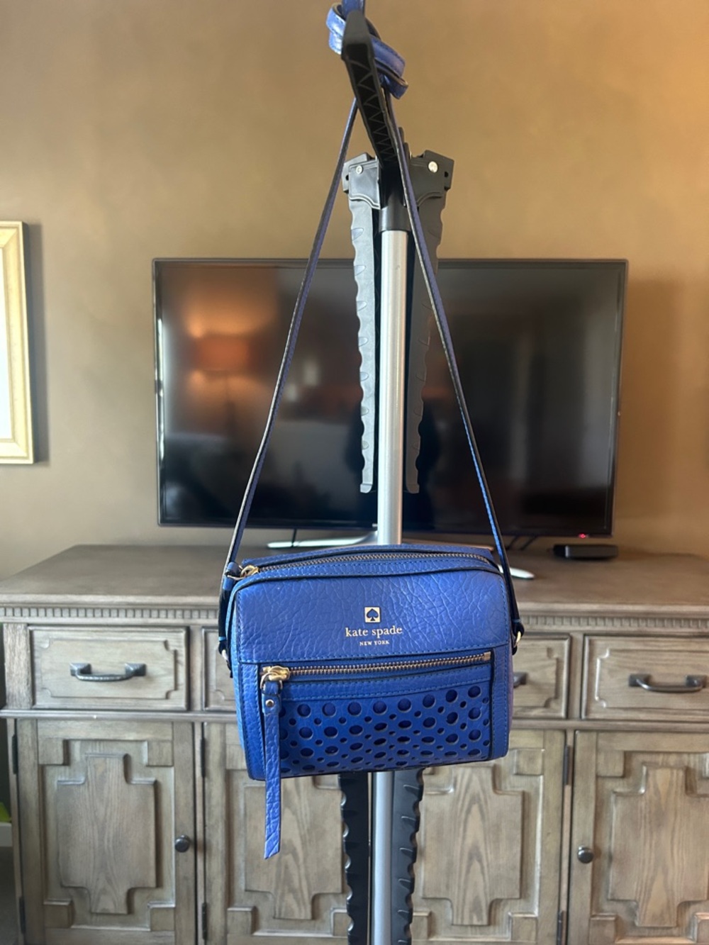 kate spade cobalt blue perforated leather crossbody bag